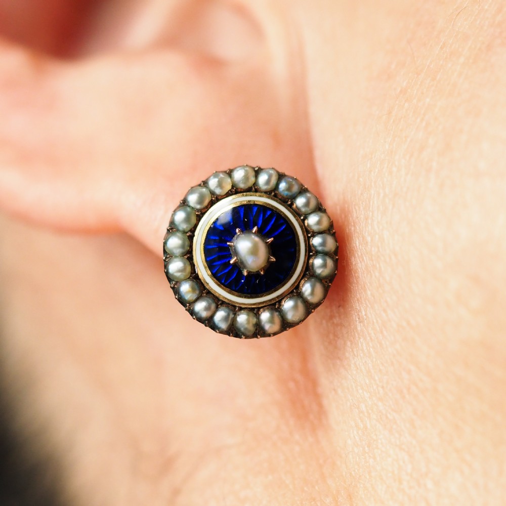 Antique Georgian Gold Earrings with Blue Enamel and Seed Pearl Cluster 'Target' Design - c.1800 View XXI