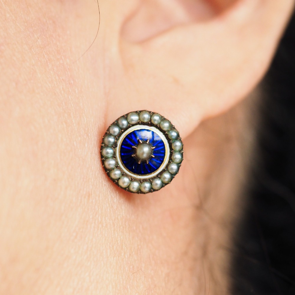 Antique Georgian Gold Earrings with Blue Enamel and Seed Pearl Cluster 'Target' Design - c.1800 View XXIII