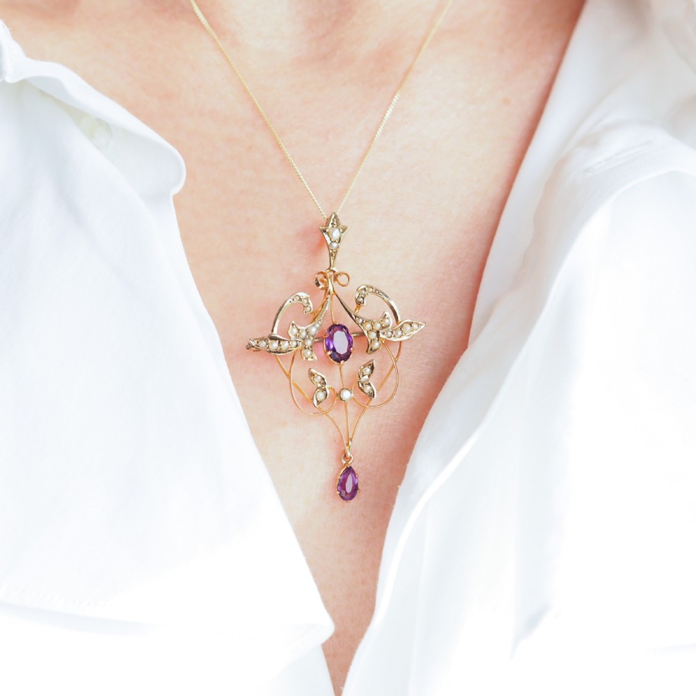 Antique Edwardian Amethyst & Seed Pearl 9ct Gold Art Nouveau Pendant Necklace - c.1905 View II