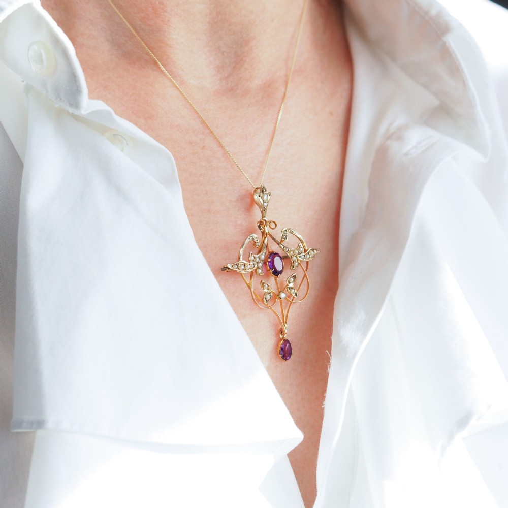 Antique Edwardian Amethyst & Seed Pearl 9ct Gold Art Nouveau Pendant Necklace - c.1905 View III