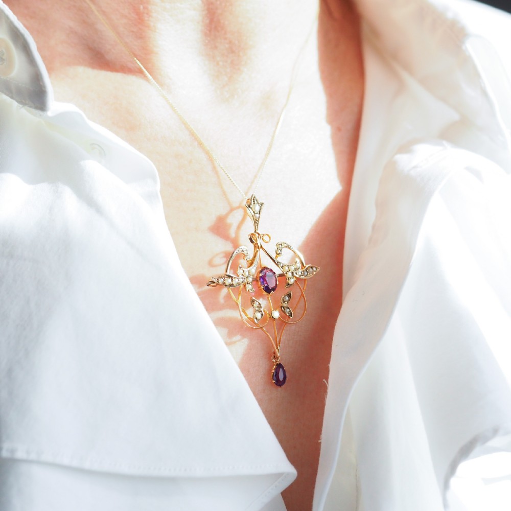 Antique Edwardian Amethyst & Seed Pearl 9ct Gold Art Nouveau Pendant Necklace - c.1905 View IV
