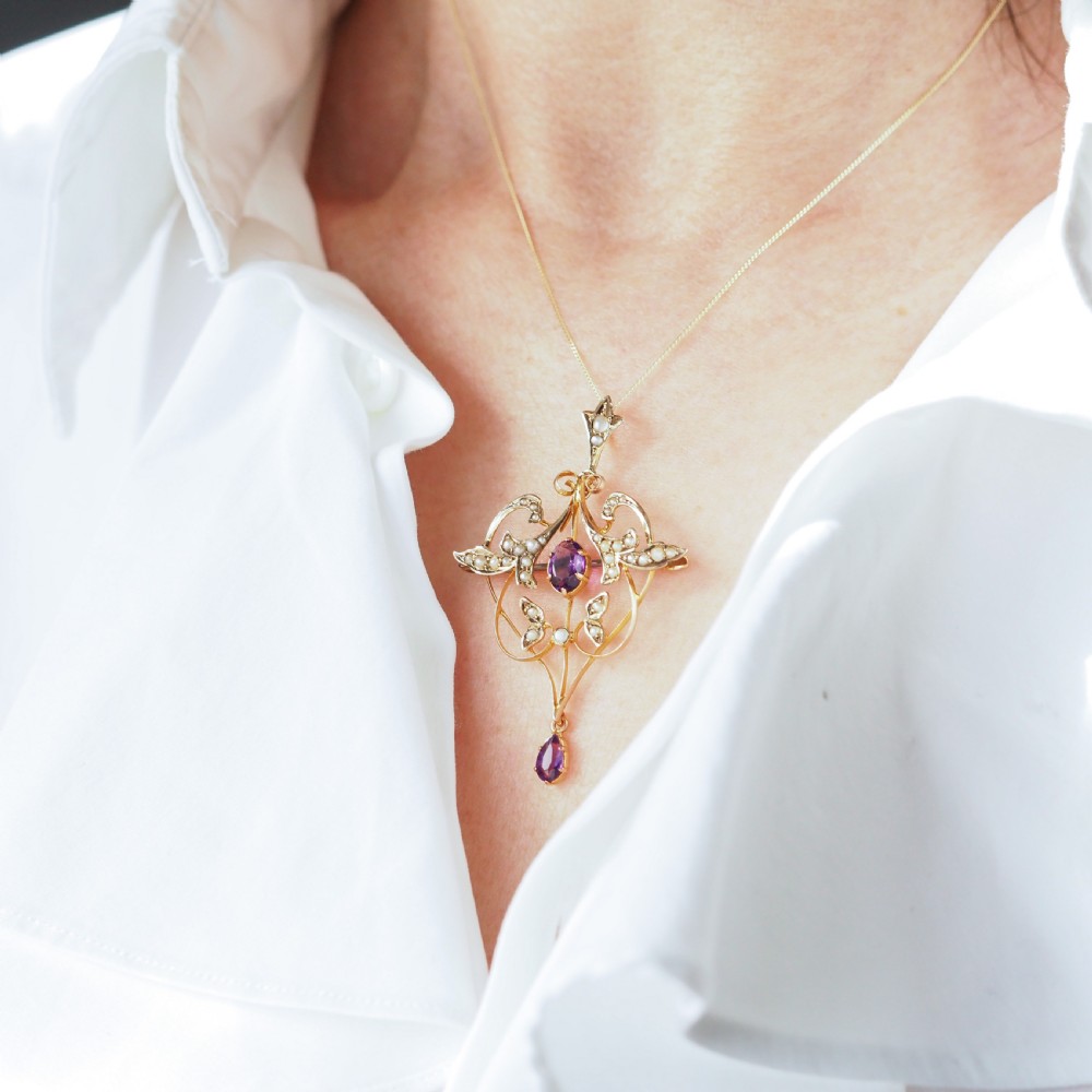 Antique Edwardian Amethyst & Seed Pearl 9ct Gold Art Nouveau Pendant Necklace - c.1905 View V