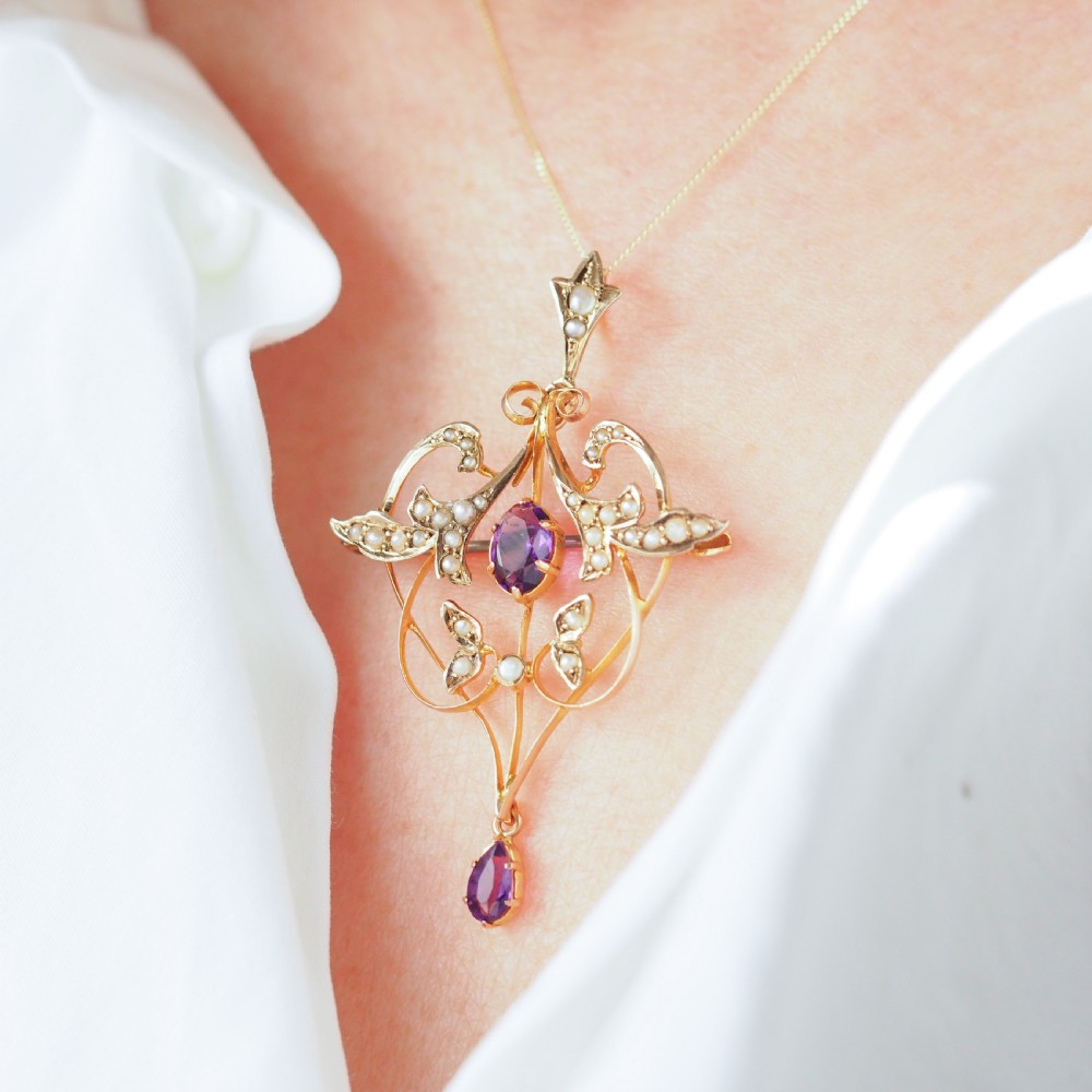 Antique Edwardian Amethyst & Seed Pearl 9ct Gold Art Nouveau Pendant Necklace - c.1905 View VI