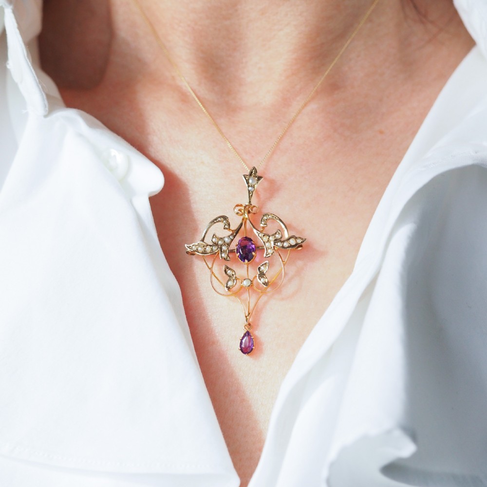 Antique Edwardian Amethyst & Seed Pearl 9ct Gold Art Nouveau Pendant Necklace - c.1905 View VII