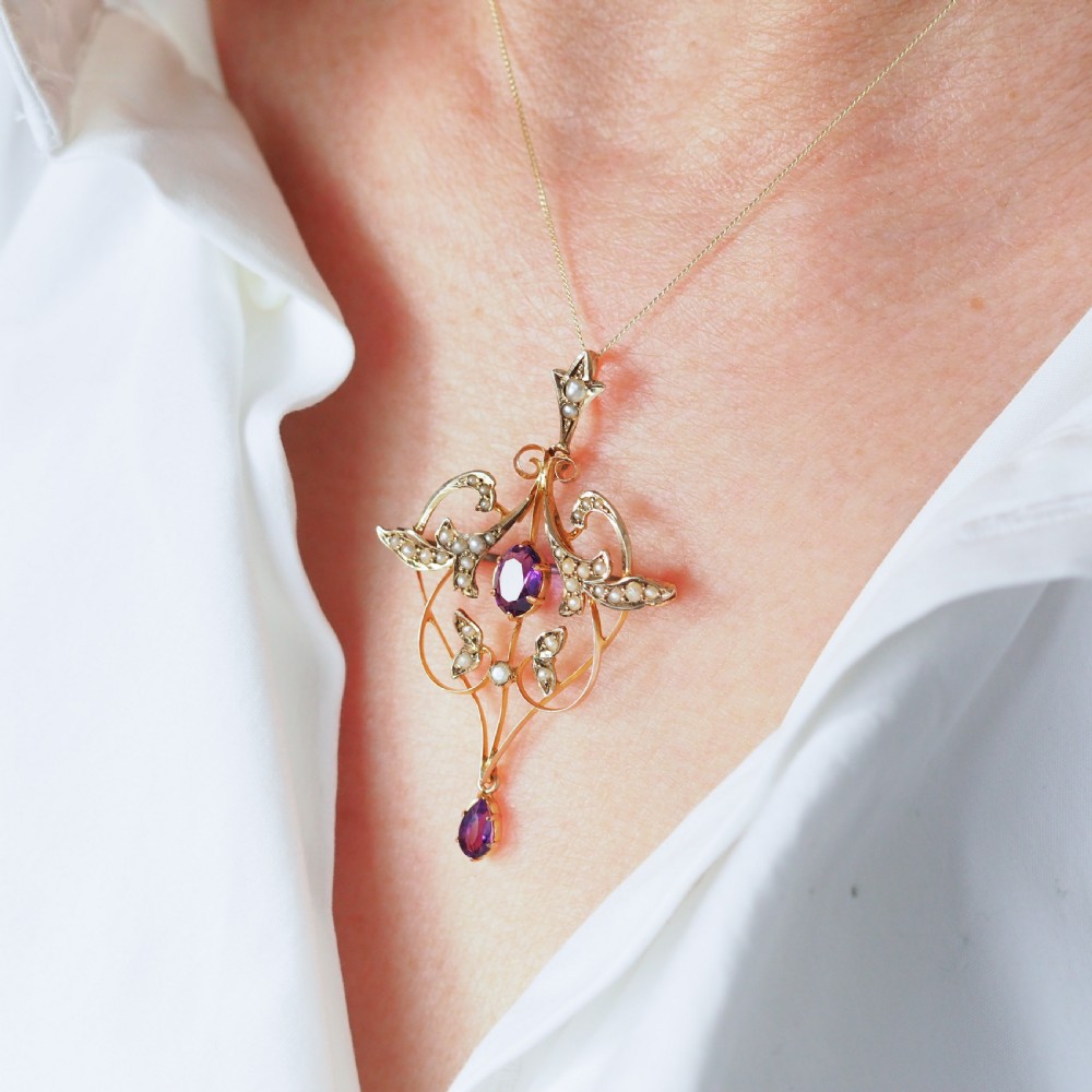 Antique Edwardian Amethyst & Seed Pearl 9ct Gold Art Nouveau Pendant Necklace - c.1905 View VIII