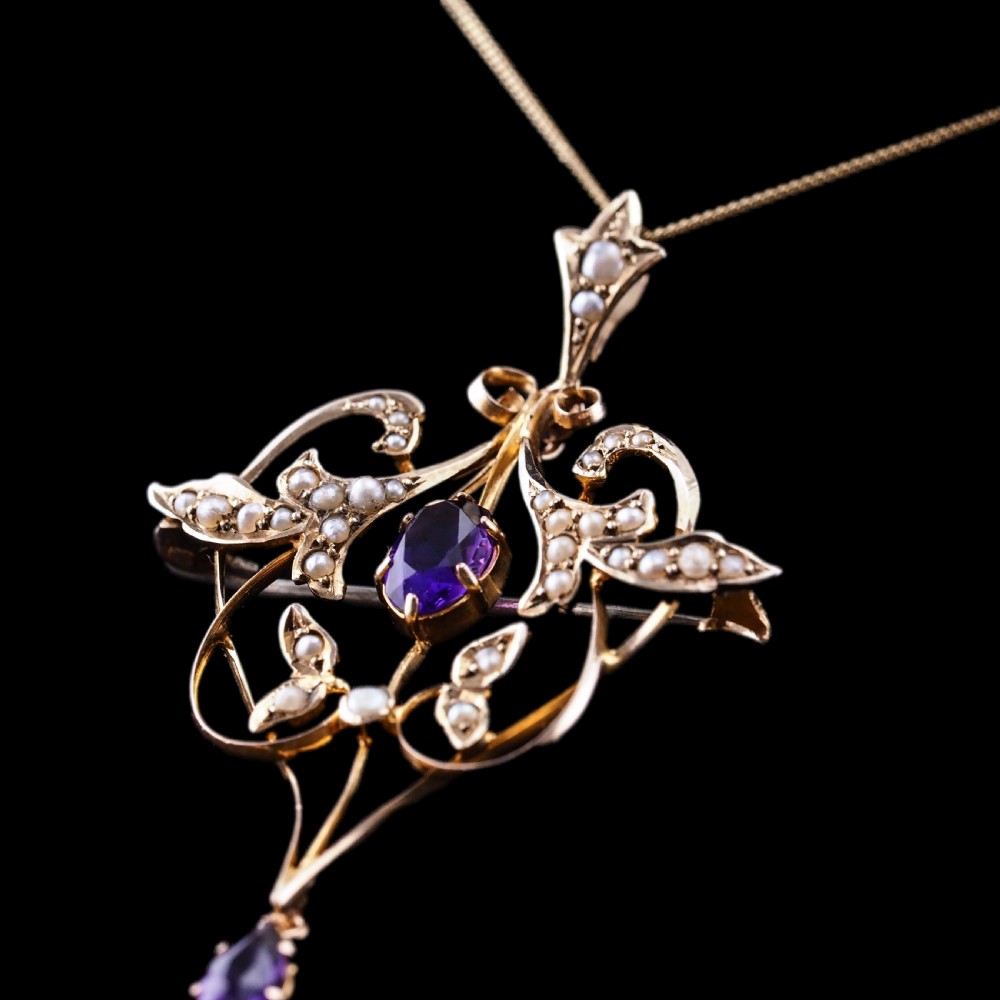 Antique Edwardian Amethyst & Seed Pearl 9ct Gold Art Nouveau Pendant Necklace - c.1905 View IX