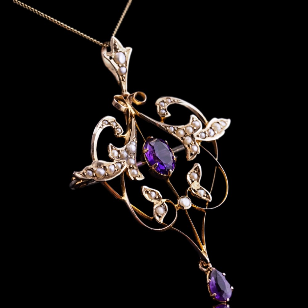 Antique Edwardian Amethyst & Seed Pearl 9ct Gold Art Nouveau Pendant Necklace - c.1905 View X