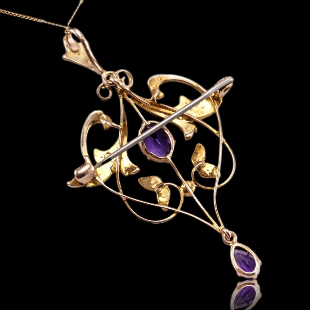 Antique Edwardian Amethyst & Seed Pearl 9ct Gold Art Nouveau Pendant Necklace - c.1905 View XII