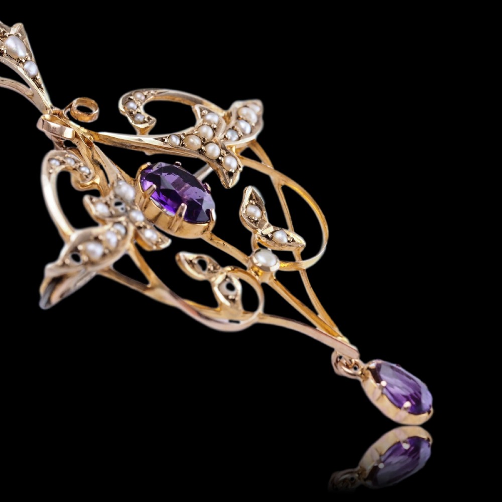 Antique Edwardian Amethyst & Seed Pearl 9ct Gold Art Nouveau Pendant Necklace - c.1905 View XIII