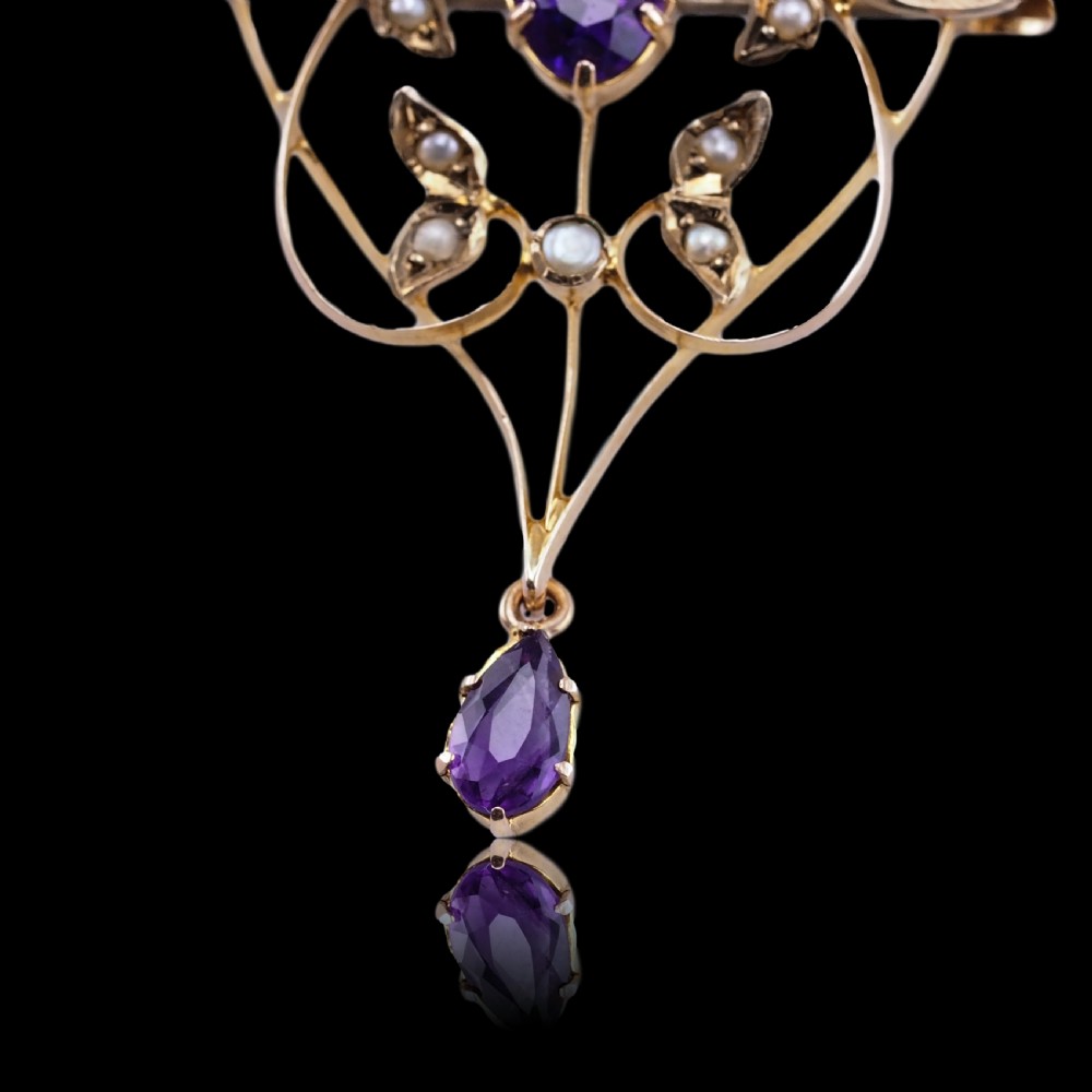 Antique Edwardian Amethyst & Seed Pearl 9ct Gold Art Nouveau Pendant Necklace - c.1905 View XIV