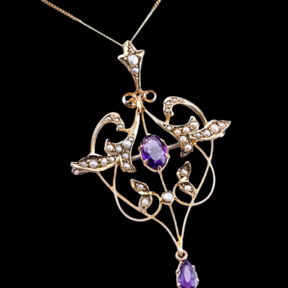 Antique Edwardian Amethyst & Seed Pearl 9ct Gold Art Nouveau Pendant Necklace - c.1905 View XV