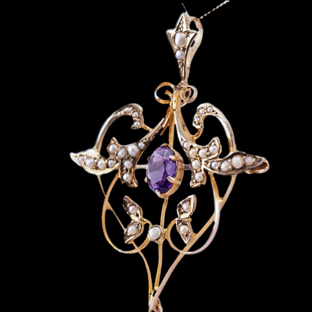 Antique Edwardian Amethyst & Seed Pearl 9ct Gold Art Nouveau Pendant Necklace - c.1905 View XVI
