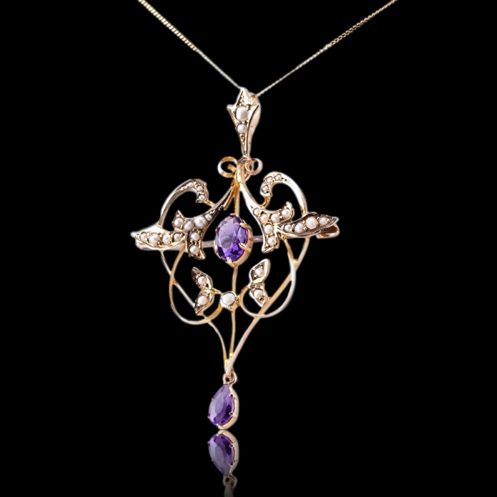 Antique Edwardian Amethyst & Seed Pearl 9ct Gold Art Nouveau Pendant Necklace - c.1905 View XVII