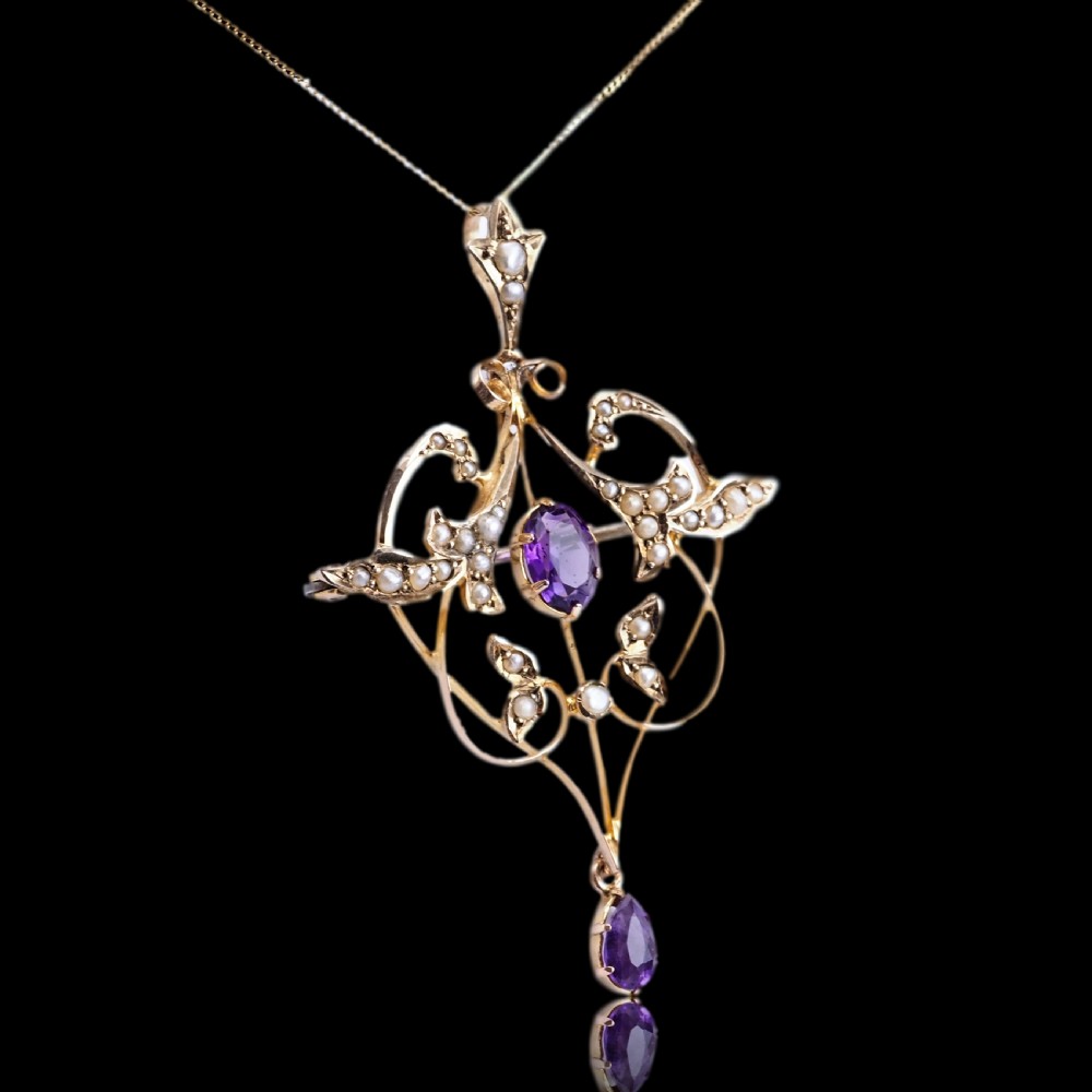 Antique Edwardian Amethyst & Seed Pearl 9ct Gold Art Nouveau Pendant Necklace - c.1905 View XVIII
