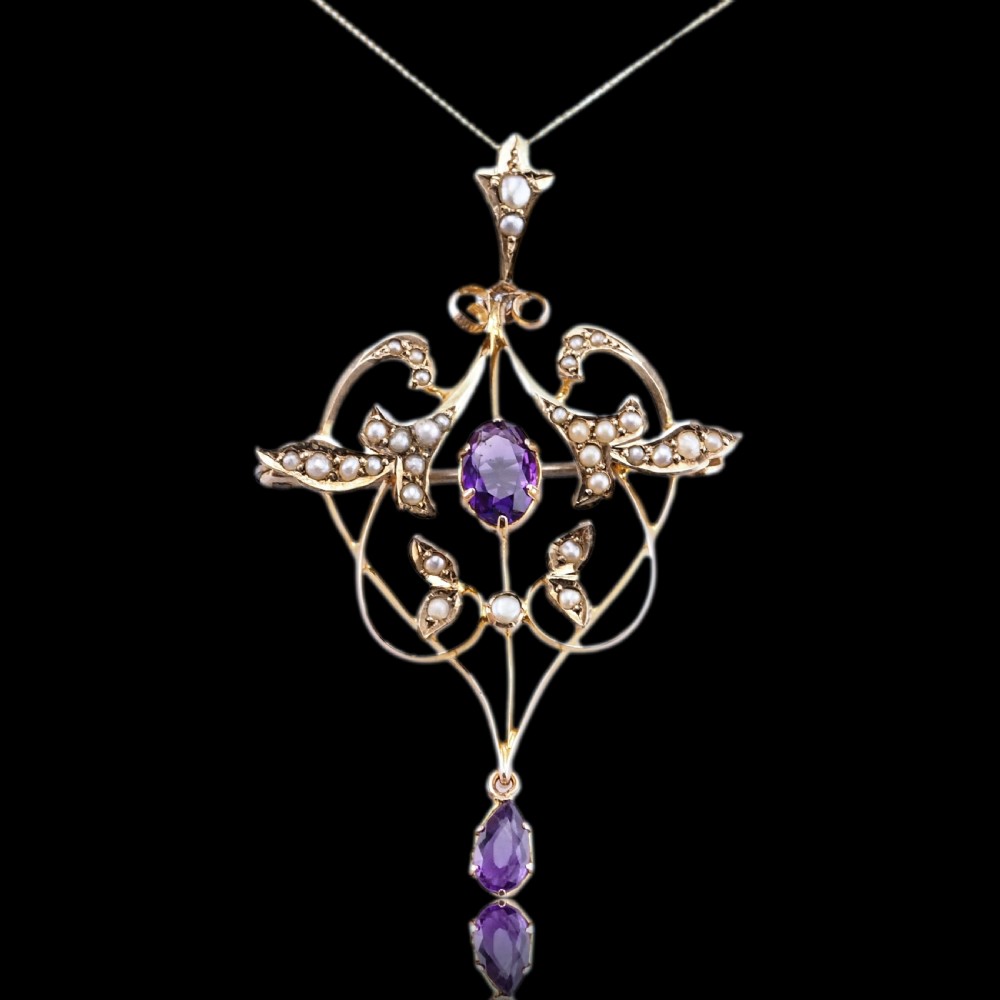 Antique Edwardian Amethyst & Seed Pearl 9ct Gold Art Nouveau Pendant Necklace - c.1905 View XIX