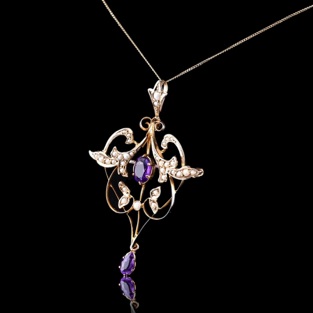 Antique Edwardian Amethyst & Seed Pearl 9ct Gold Art Nouveau Pendant Necklace - c.1905 View XX