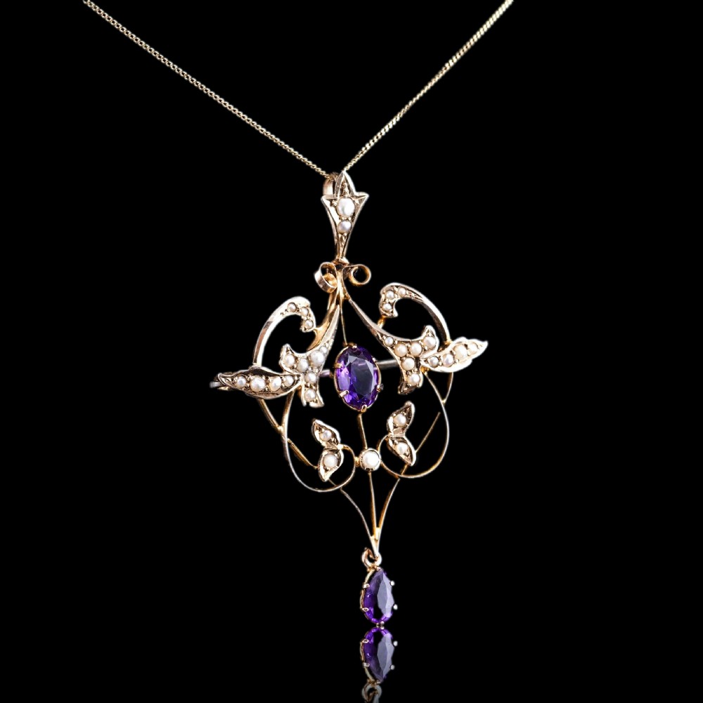 Antique Edwardian Amethyst & Seed Pearl 9ct Gold Art Nouveau Pendant Necklace - c.1905 View XXI