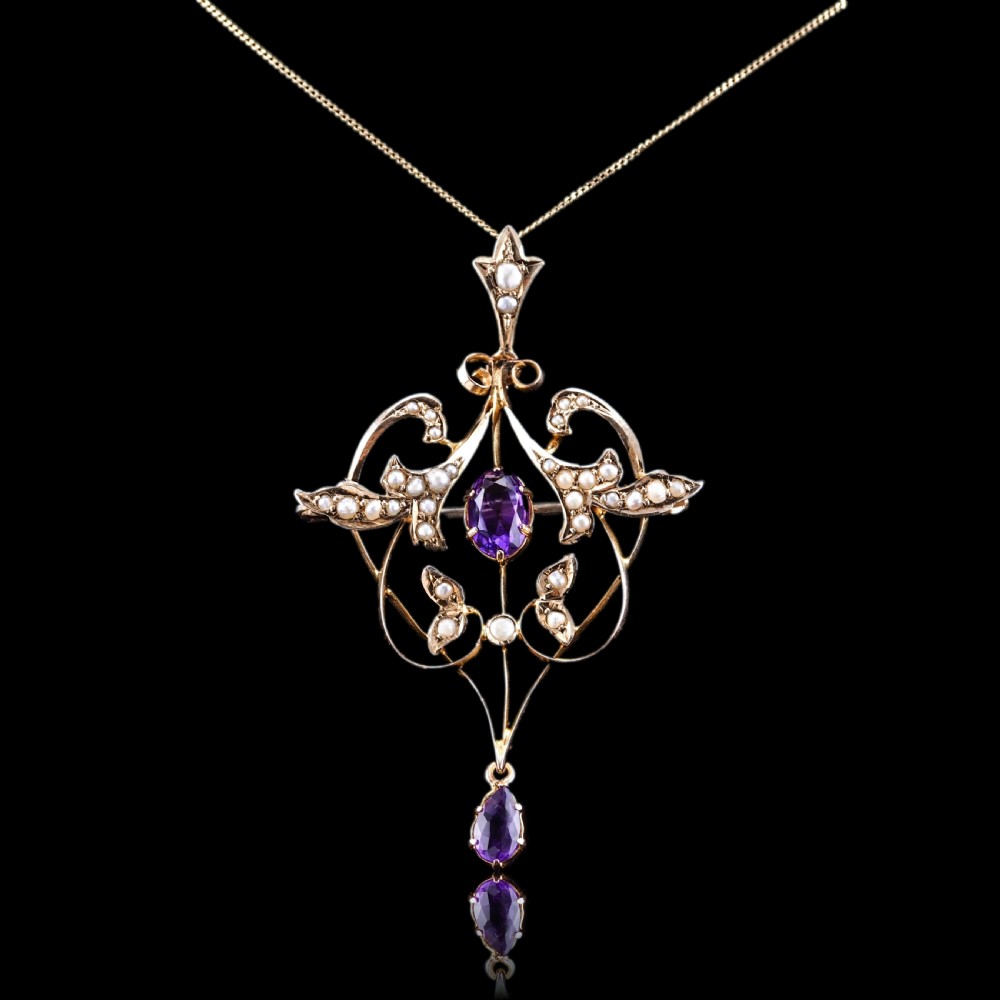 Antique Edwardian Amethyst & Seed Pearl 9ct Gold Art Nouveau Pendant Necklace - c.1905 View XXII