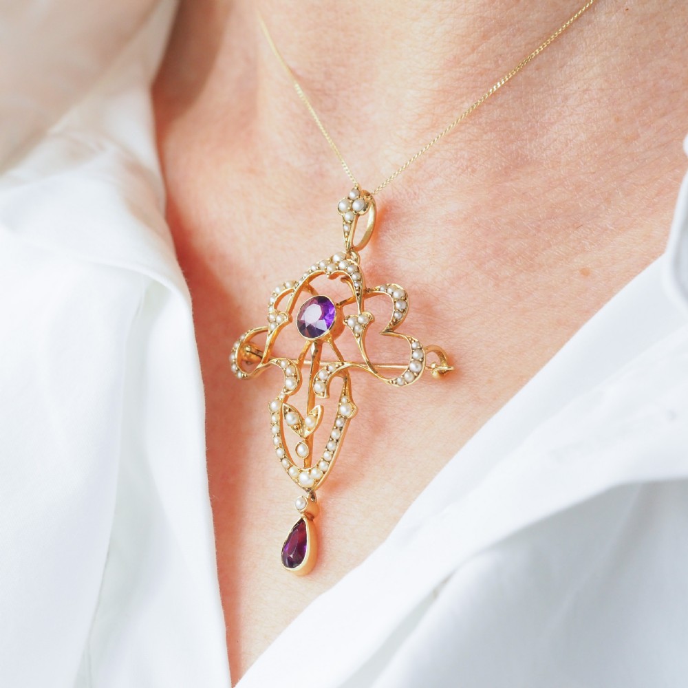 Antique Edwardian Amethyst & Seed Pearl 15ct Gold Pendant Necklace Art Nouveau 'Fan' Design - c.1905 View XXIV
