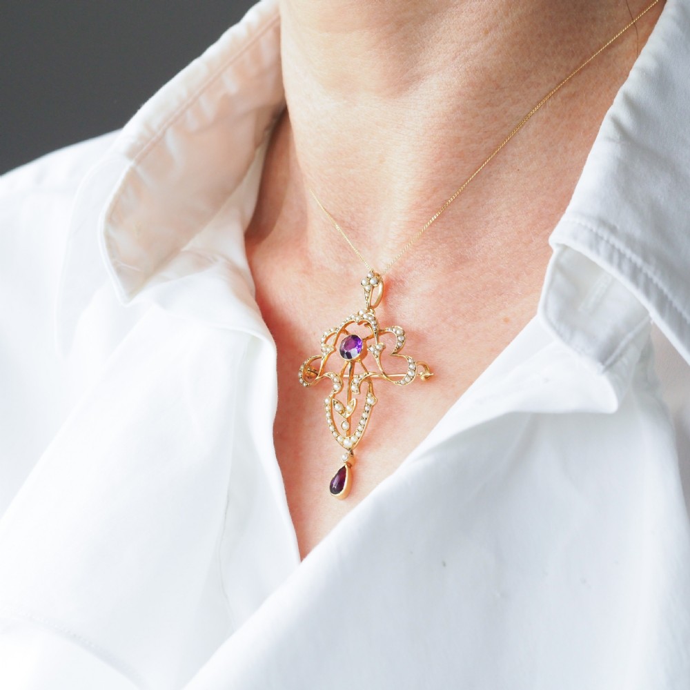 Antique Edwardian Amethyst & Seed Pearl 15ct Gold Pendant Necklace Art Nouveau 'Fan' Design - c.1905 View XXV