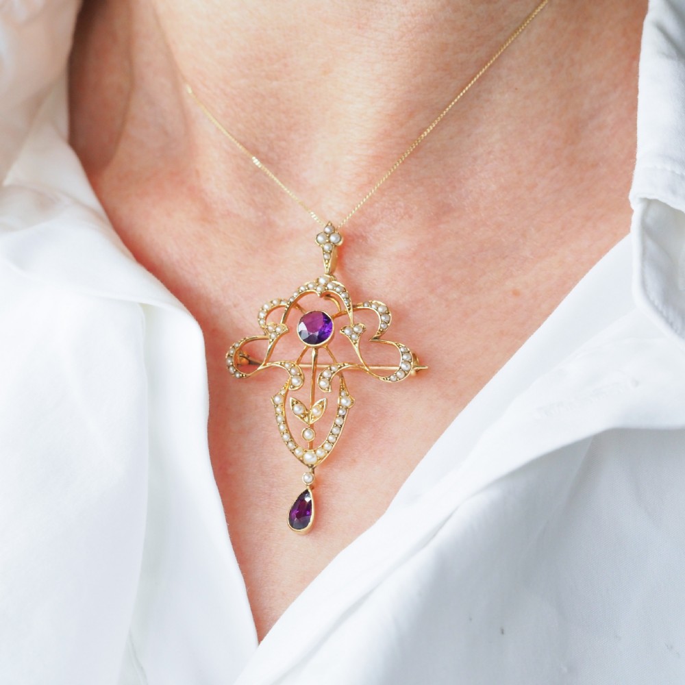 Antique Edwardian Amethyst & Seed Pearl 15ct Gold Pendant Necklace Art Nouveau 'Fan' Design - c.1905 View XXVI