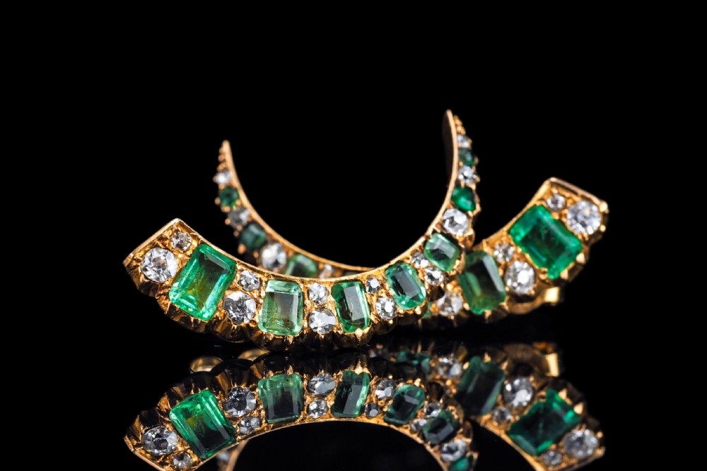 Antique Victorian Emerald & Diamond Earrings 18ct Gold Crescent Design - c.1890 View IV