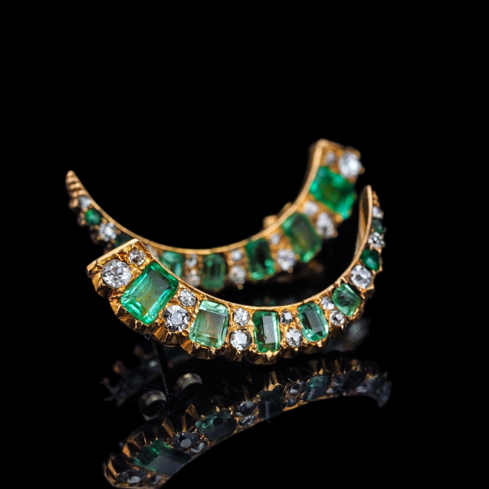 Antique Victorian Emerald & Diamond Earrings 18ct Gold Crescent Design - c.1890 View V