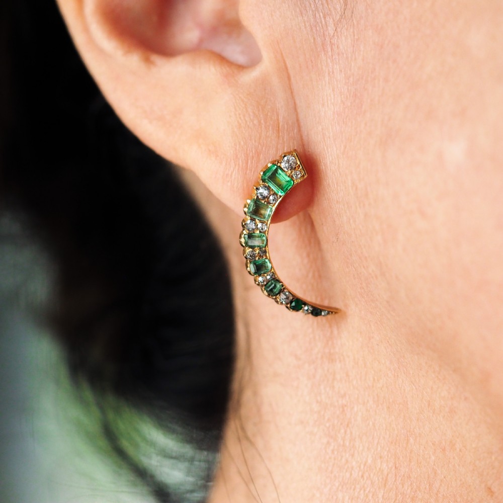 Antique Victorian Emerald & Diamond Earrings 18ct Gold Crescent Design - c.1890 View VI