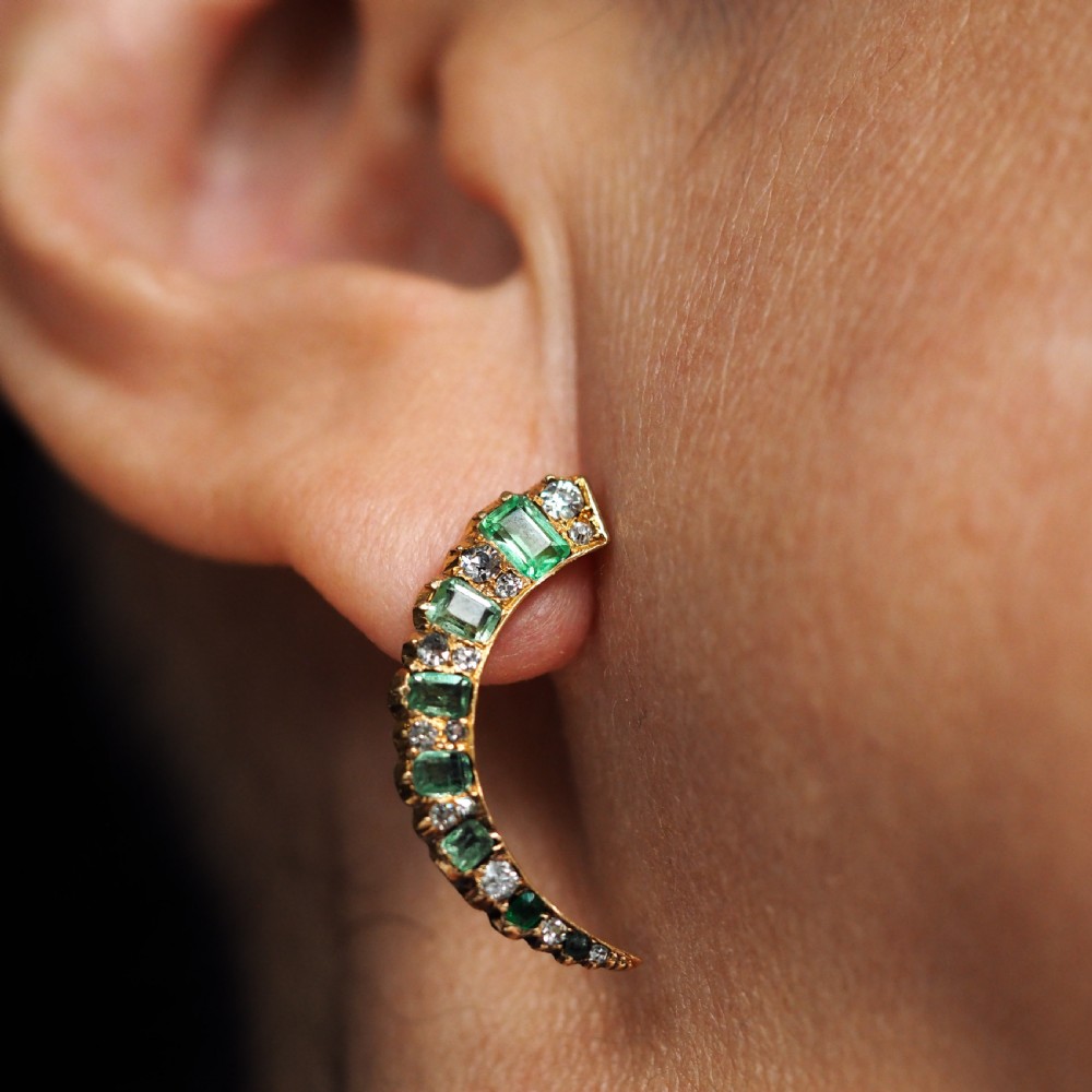 Antique Victorian Emerald & Diamond Earrings 18ct Gold Crescent Design - c.1890 View VII