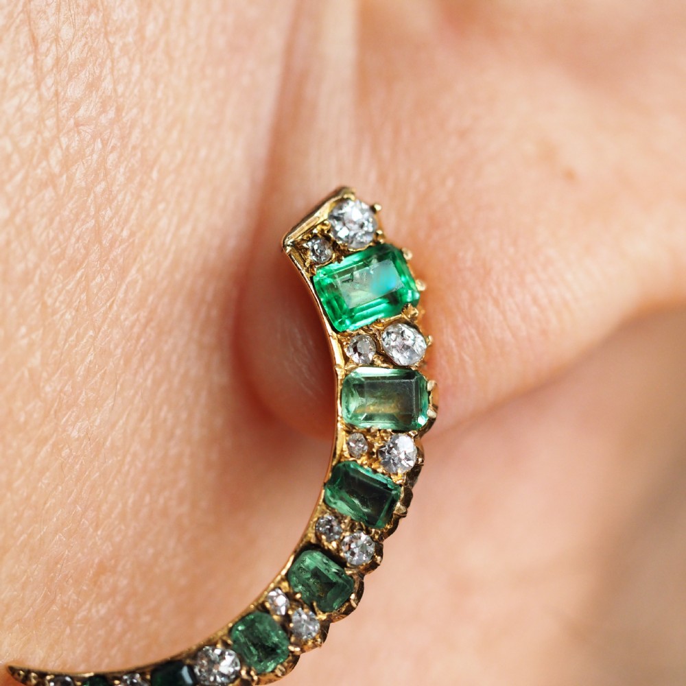 Antique Victorian Emerald & Diamond Earrings 18ct Gold Crescent Design - c.1890 View VIII