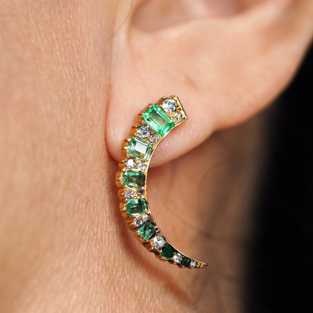 Antique Victorian Emerald & Diamond Earrings 18ct Gold Crescent Design - c.1890 View X