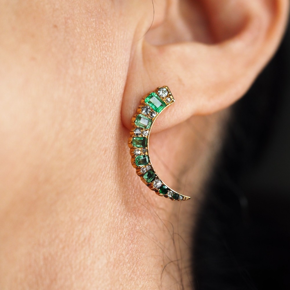 Antique Victorian Emerald & Diamond Earrings 18ct Gold Crescent Design - c.1890 View XII