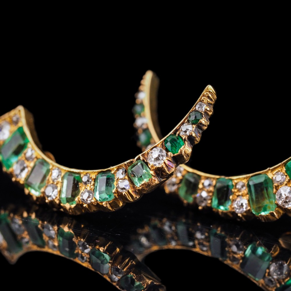 Antique Victorian Emerald & Diamond Earrings 18ct Gold Crescent Design - c.1890 View XV