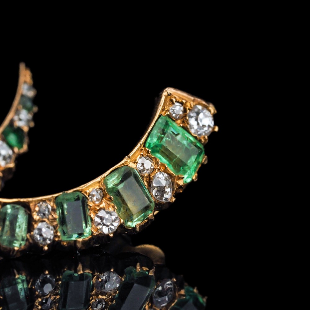 Antique Victorian Emerald & Diamond Earrings 18ct Gold Crescent Design - c.1890 View XVII