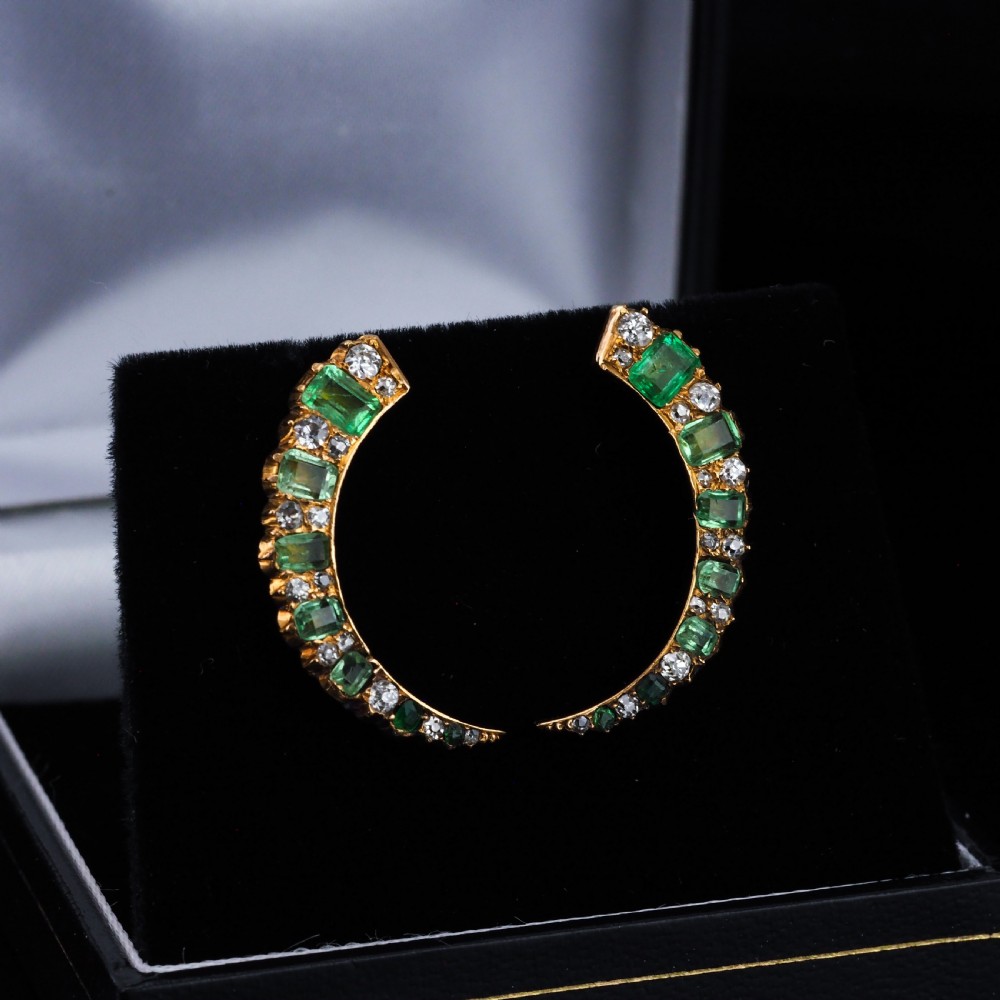 Antique Victorian Emerald & Diamond Earrings 18ct Gold Crescent Design - c.1890 View XVIII