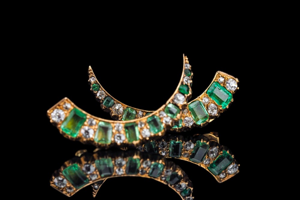 Antique Victorian Emerald & Diamond Earrings 18ct Gold Crescent Design - c.1890 View XIX