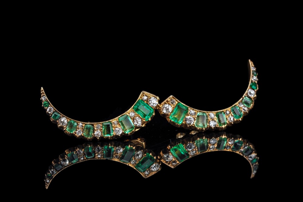 Antique Victorian Emerald & Diamond Earrings 18ct Gold Crescent Design - c.1890 View XX