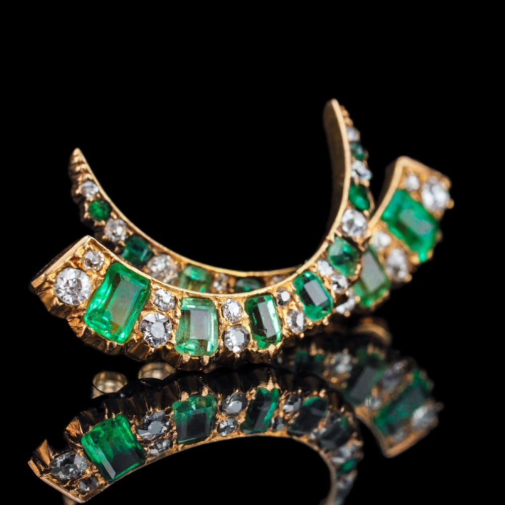 Antique Victorian Emerald & Diamond Earrings 18ct Gold Crescent Design - c.1890 View XXI
