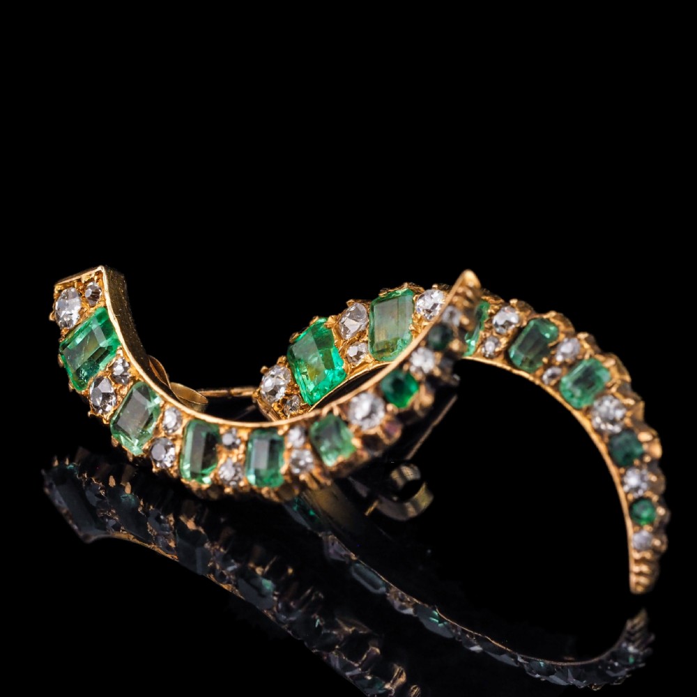 Antique Victorian Emerald & Diamond Earrings 18ct Gold Crescent Design - c.1890 View XXII