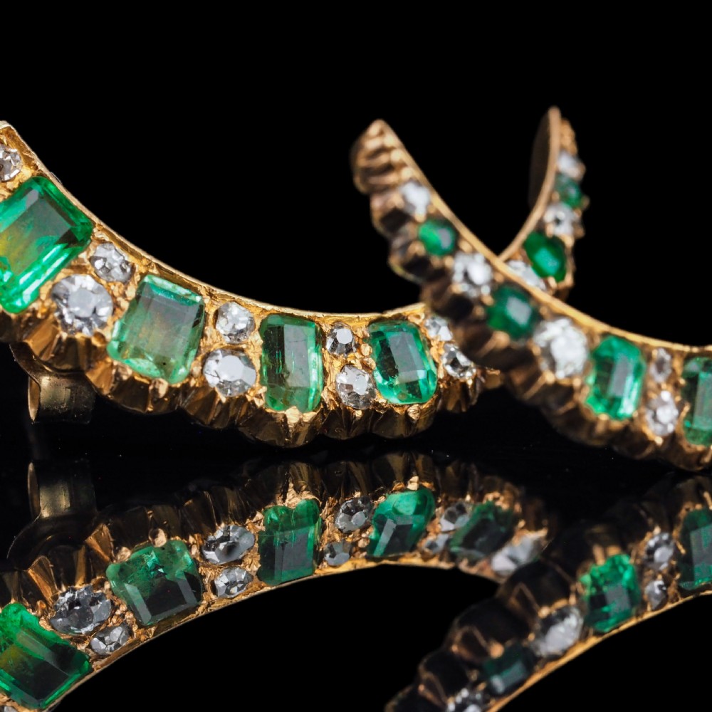 Antique Victorian Emerald & Diamond Earrings 18ct Gold Crescent Design - c.1890 View XXIII