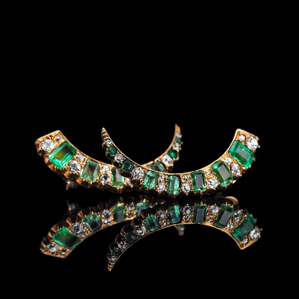 Antique Victorian Emerald & Diamond Earrings 18ct Gold Crescent Design - c.1890 View XXIV