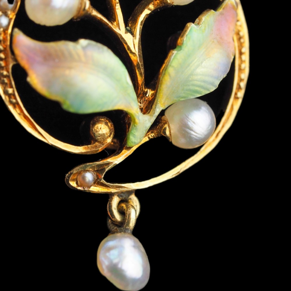 Antique Edwardian Pearl & Enamel Pendant Necklace 15ct Gold Art Nouveau Floral/Leaf Design - c.1910 View IV