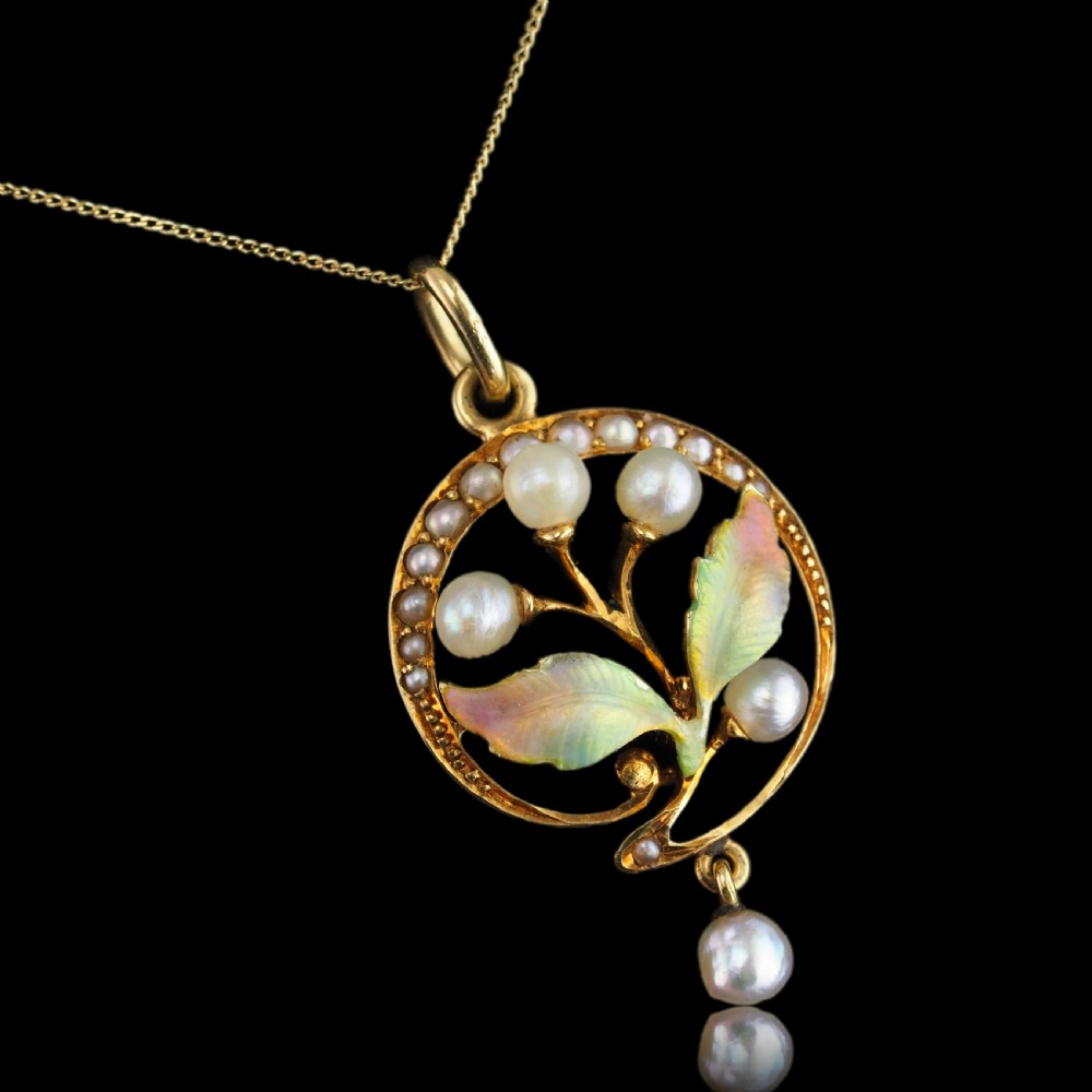 Antique Edwardian Pearl & Enamel Pendant Necklace 15ct Gold Art Nouveau Floral/Leaf Design - c.1910 View V