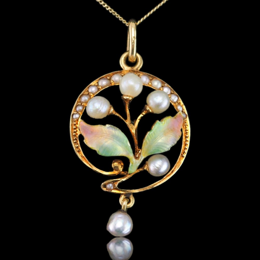 Antique Edwardian Pearl & Enamel Pendant Necklace 15ct Gold Art Nouveau Floral/Leaf Design - c.1910 View VI