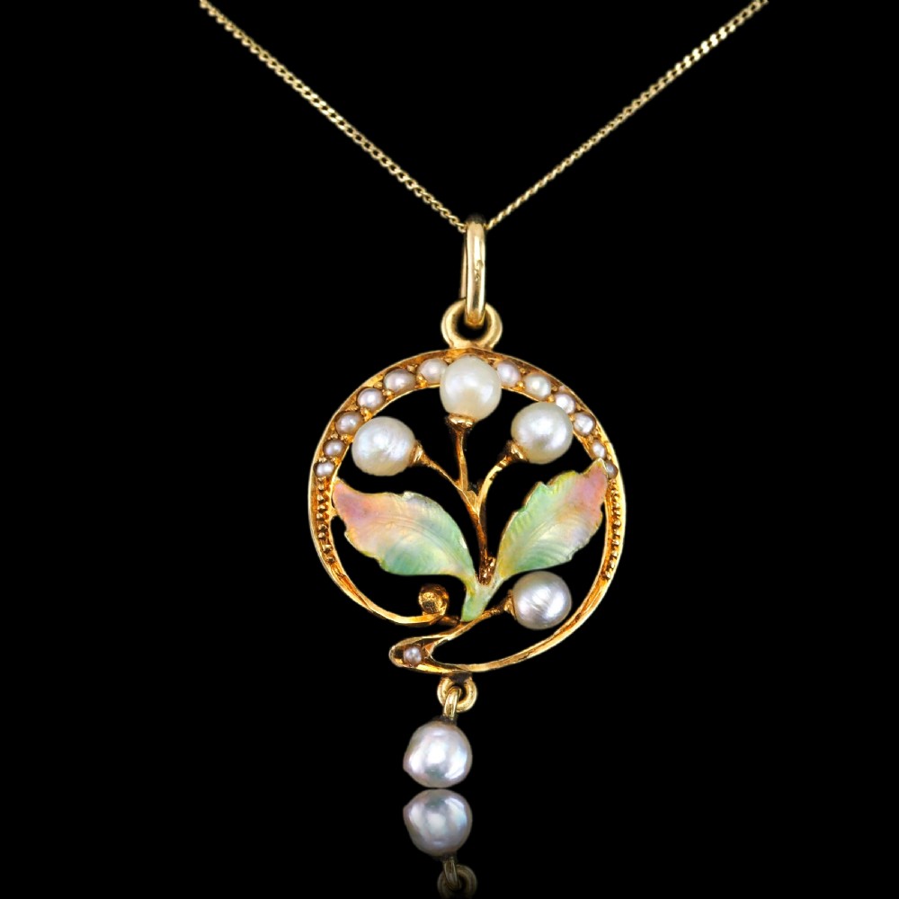 Antique Edwardian Pearl & Enamel Pendant Necklace 15ct Gold Art Nouveau Floral/Leaf Design - c.1910 View VII