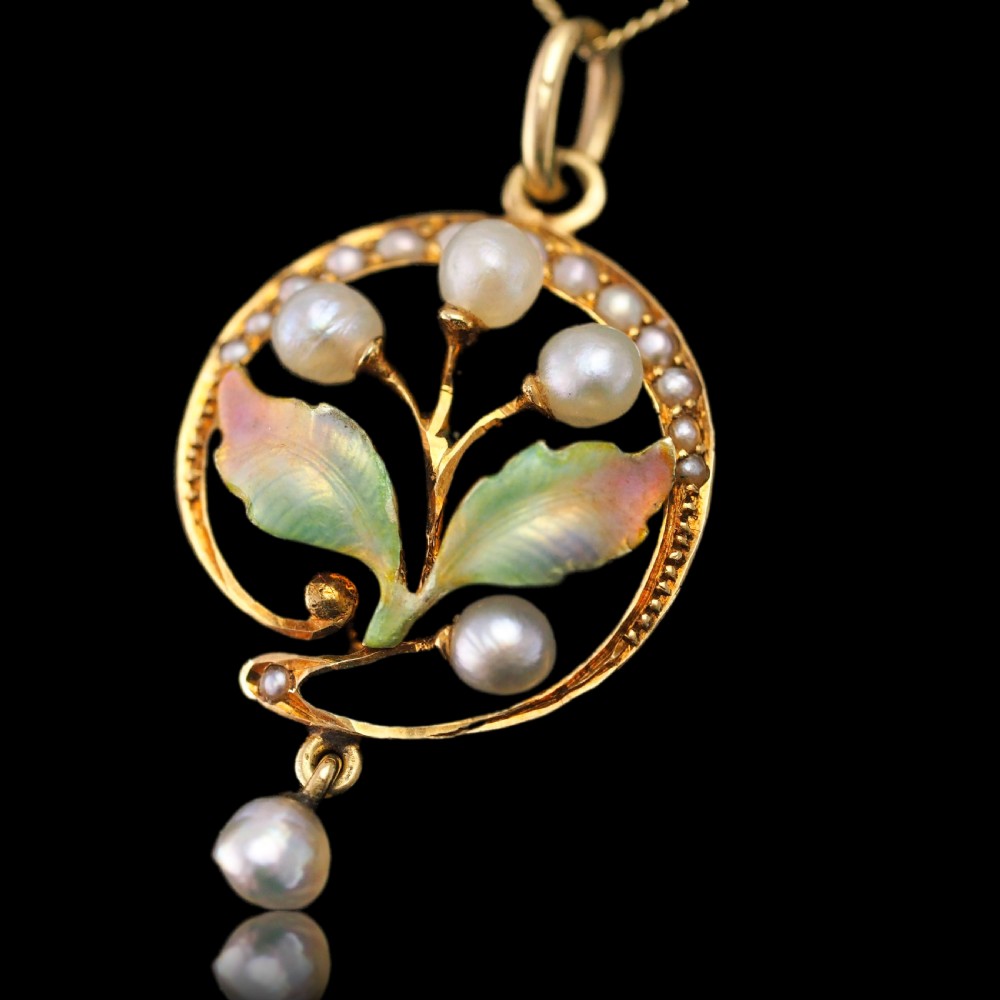 Antique Edwardian Pearl & Enamel Pendant Necklace 15ct Gold Art Nouveau Floral/Leaf Design - c.1910 View VIII