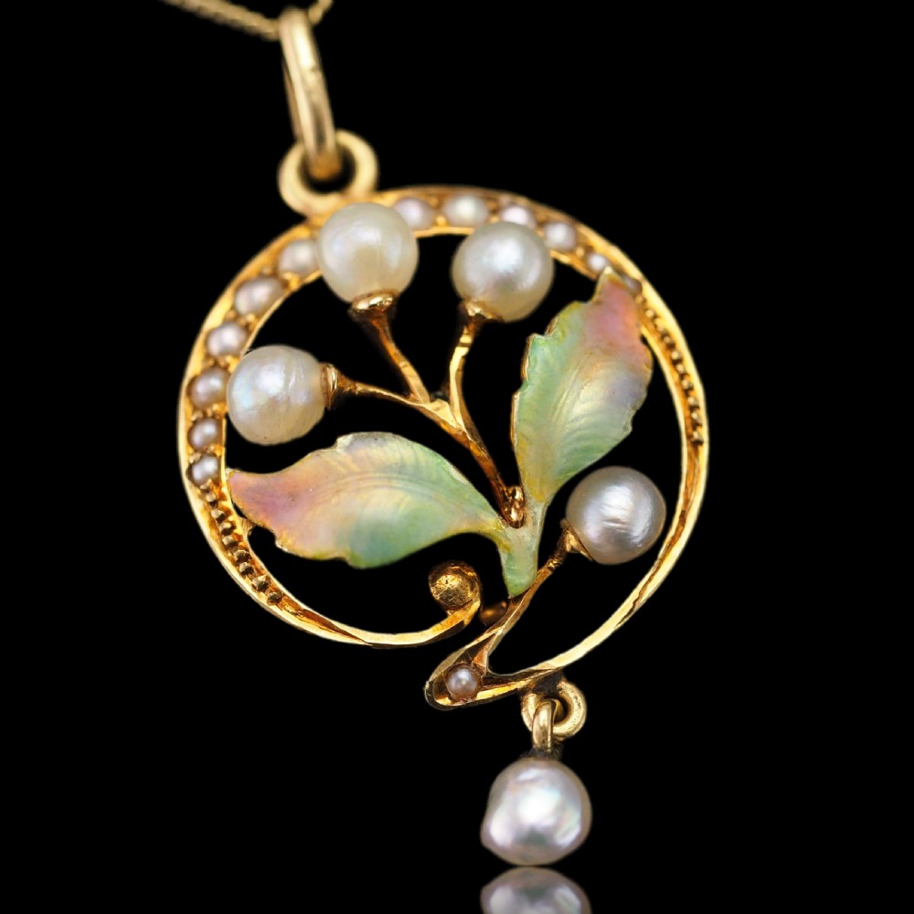 Antique Edwardian Pearl & Enamel Pendant Necklace 15ct Gold Art Nouveau Floral/Leaf Design - c.1910 View X