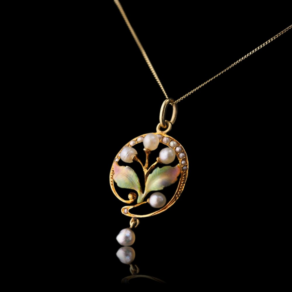 Antique Edwardian Pearl & Enamel Pendant Necklace 15ct Gold Art Nouveau Floral/Leaf Design - c.1910 View XII