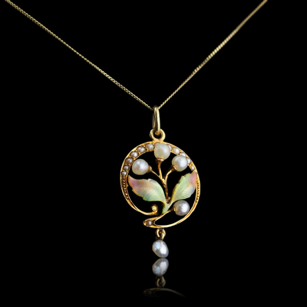 Antique Edwardian Pearl & Enamel Pendant Necklace 15ct Gold Art Nouveau Floral/Leaf Design - c.1910 View XIII
