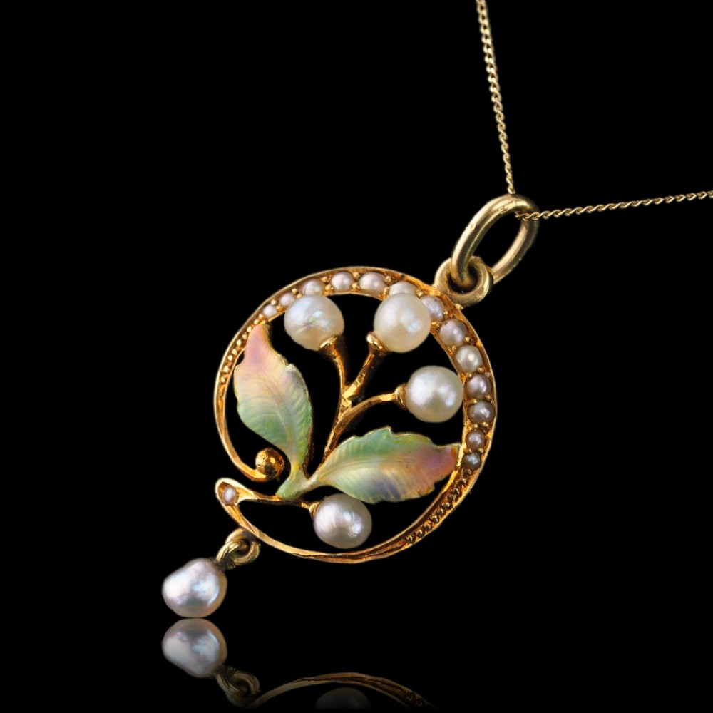 Antique Edwardian Pearl & Enamel Pendant Necklace 15ct Gold Art Nouveau Floral/Leaf Design - c.1910 View XIV